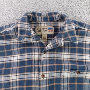 Stormy Kromer Mens Large Flannel Shirt Blue Plaid Cotton Button Down Made in USA